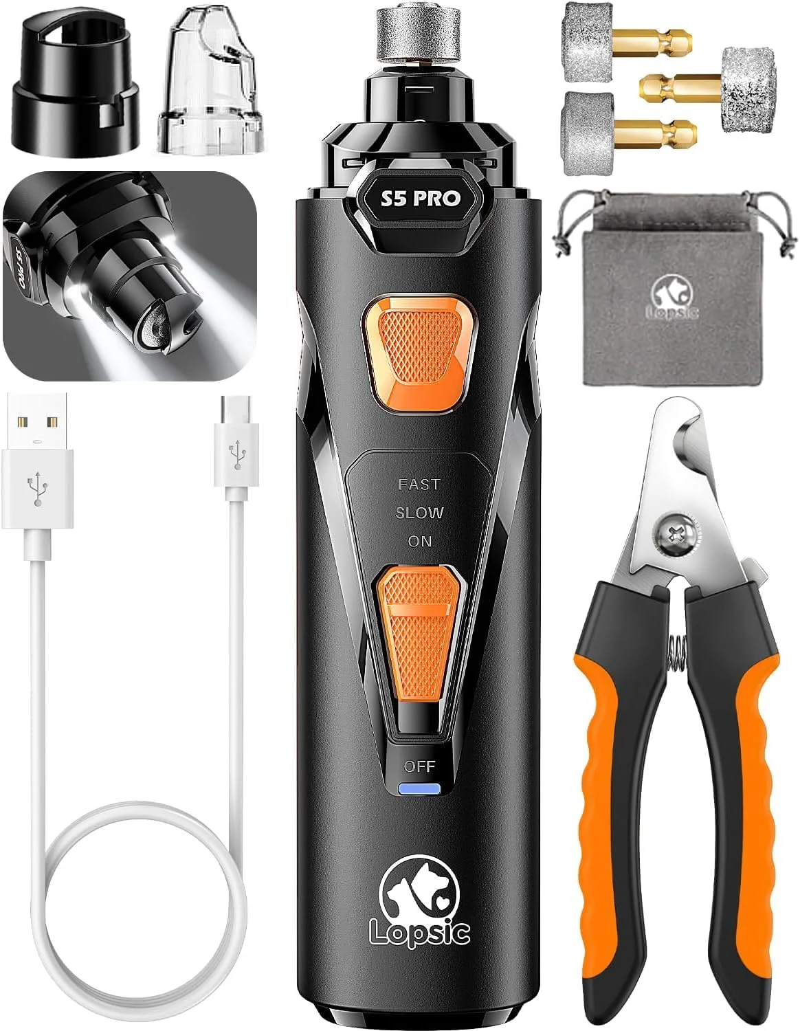 Dependable Dog Nail Grinder with 2 LED Lights Powerful 2 Speeds Super Quiet Dog Nail Trimmers with 3 Grinding Wheels Rechargeable Pet Dog Nail Clippers for Large Medium Puppy Dogs Dog Nail File Cat Nail Clipper Fashionable
