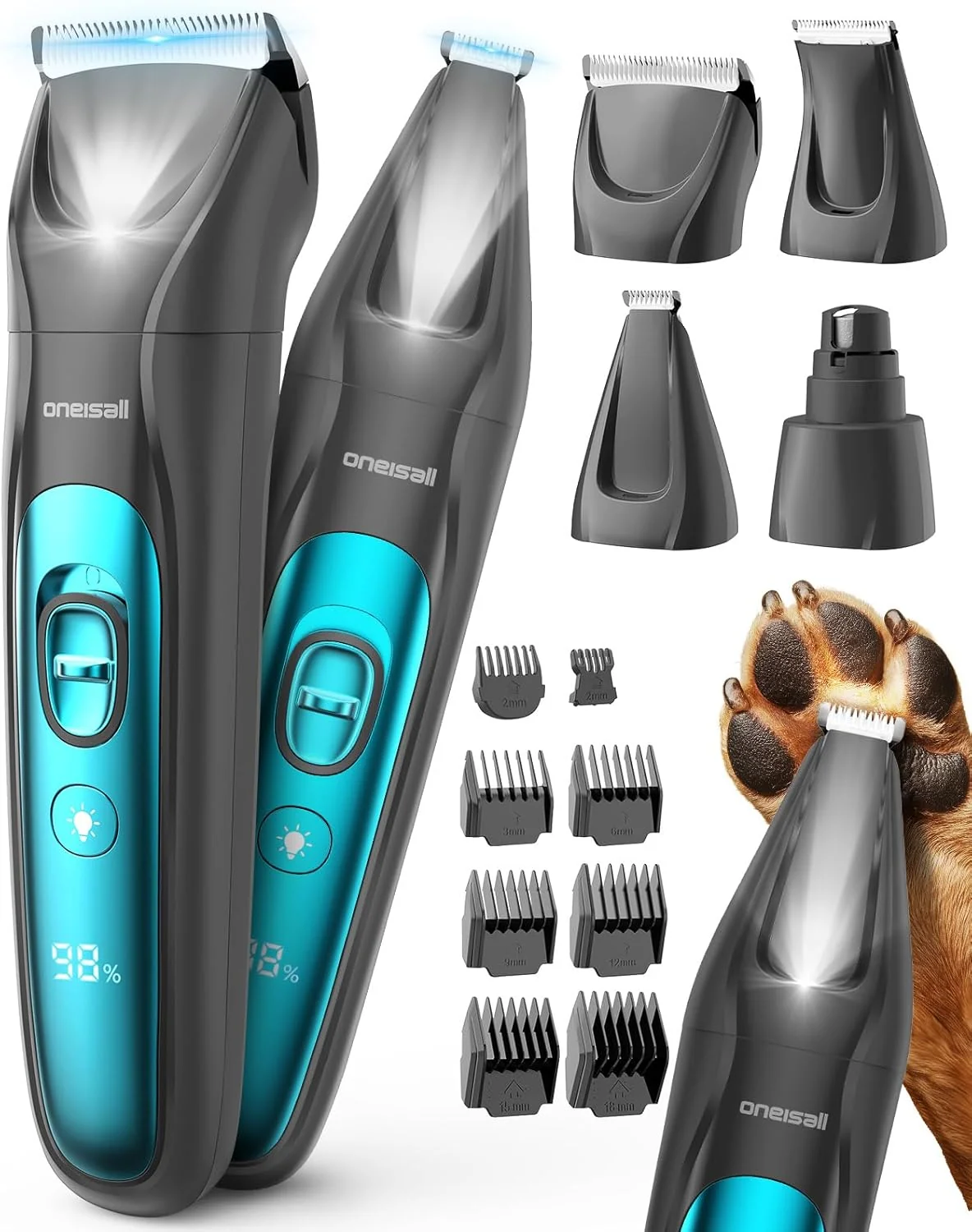 Reliable oneisall Quiet Dog Clippers for Grooming LED Light Cordless Dog Grooming Kit 4 in 1 2000mAh Pet Clippers Paw Trimmer Nail Grinder for Paw Nail Face Ears Legs Body Detailed