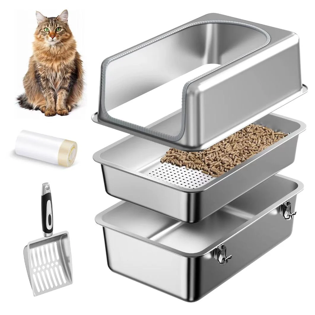 Environmentally Friendly Phafariy 16” High Sides Stainless Steel Sifting Litter Box for Pine Pellets — XXL Cat Litter Pan with Lid Outstanding