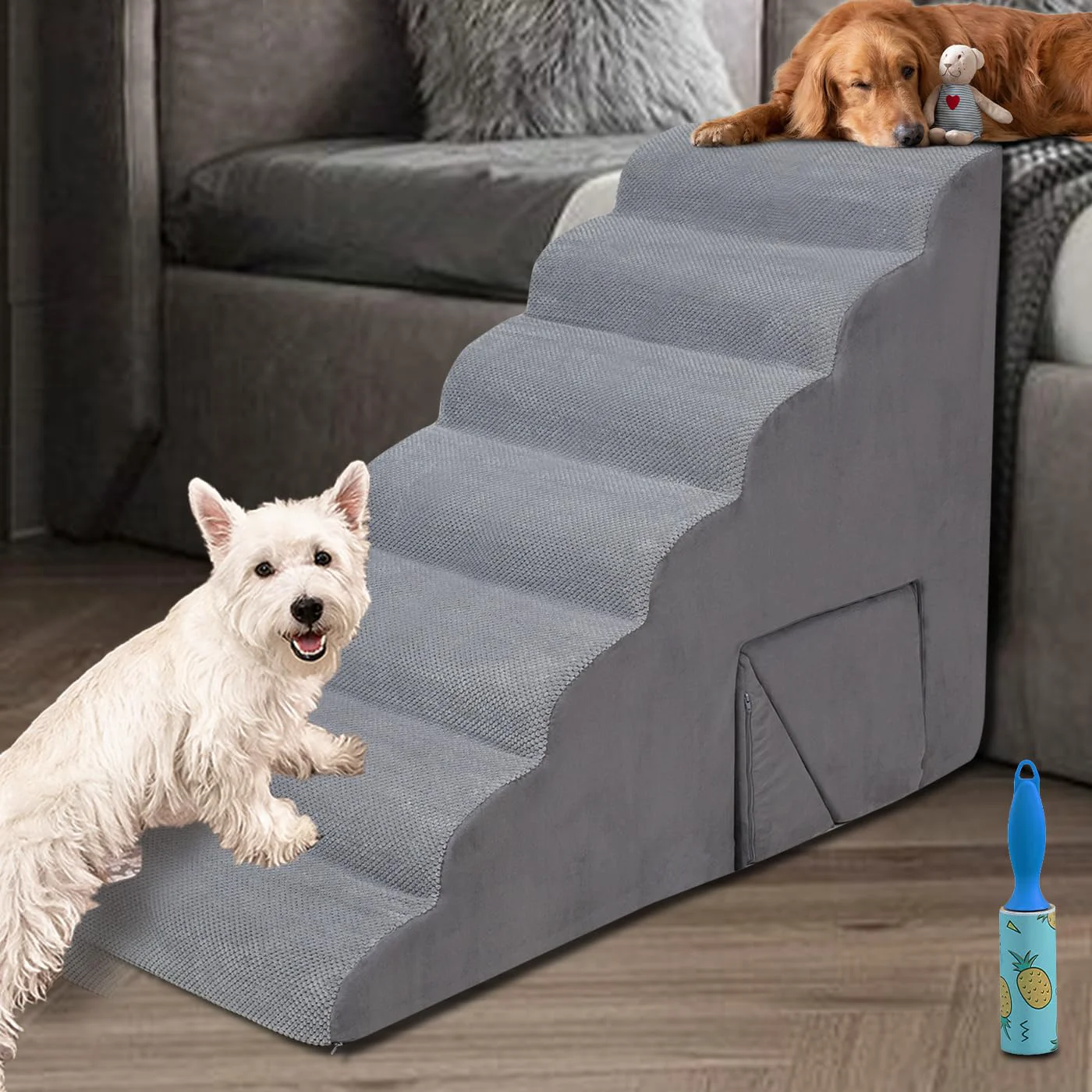 Flexible A.FATI 34in 7-Step Foam Dog Stairs – 2-in-1 Ramp Washable Cover Non-Slip Elegant