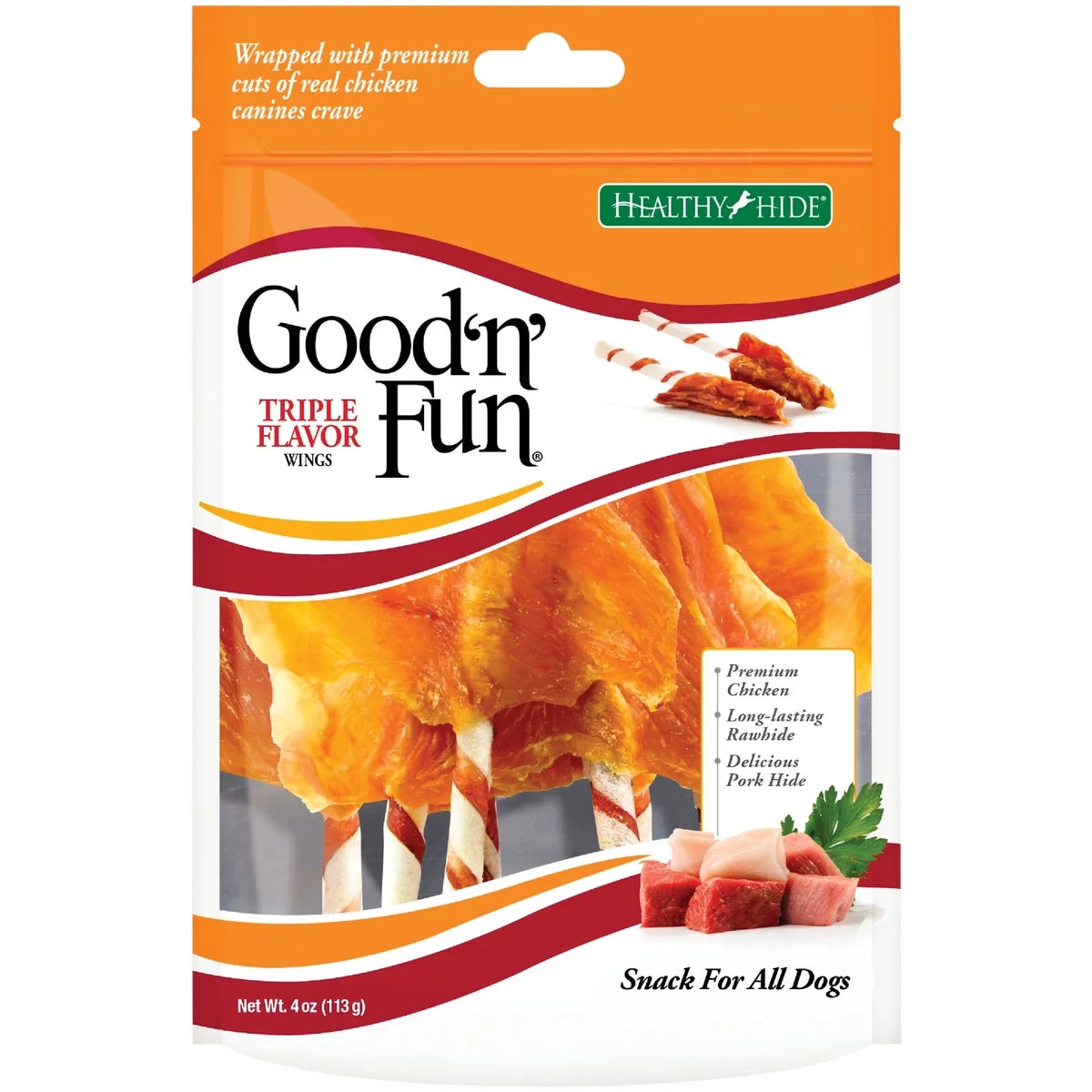 Prestigious Healthy Hide Good ‘n Fun Triple Flavor Wings Beef Pork Chicken Dog Treat 4 Oz.
