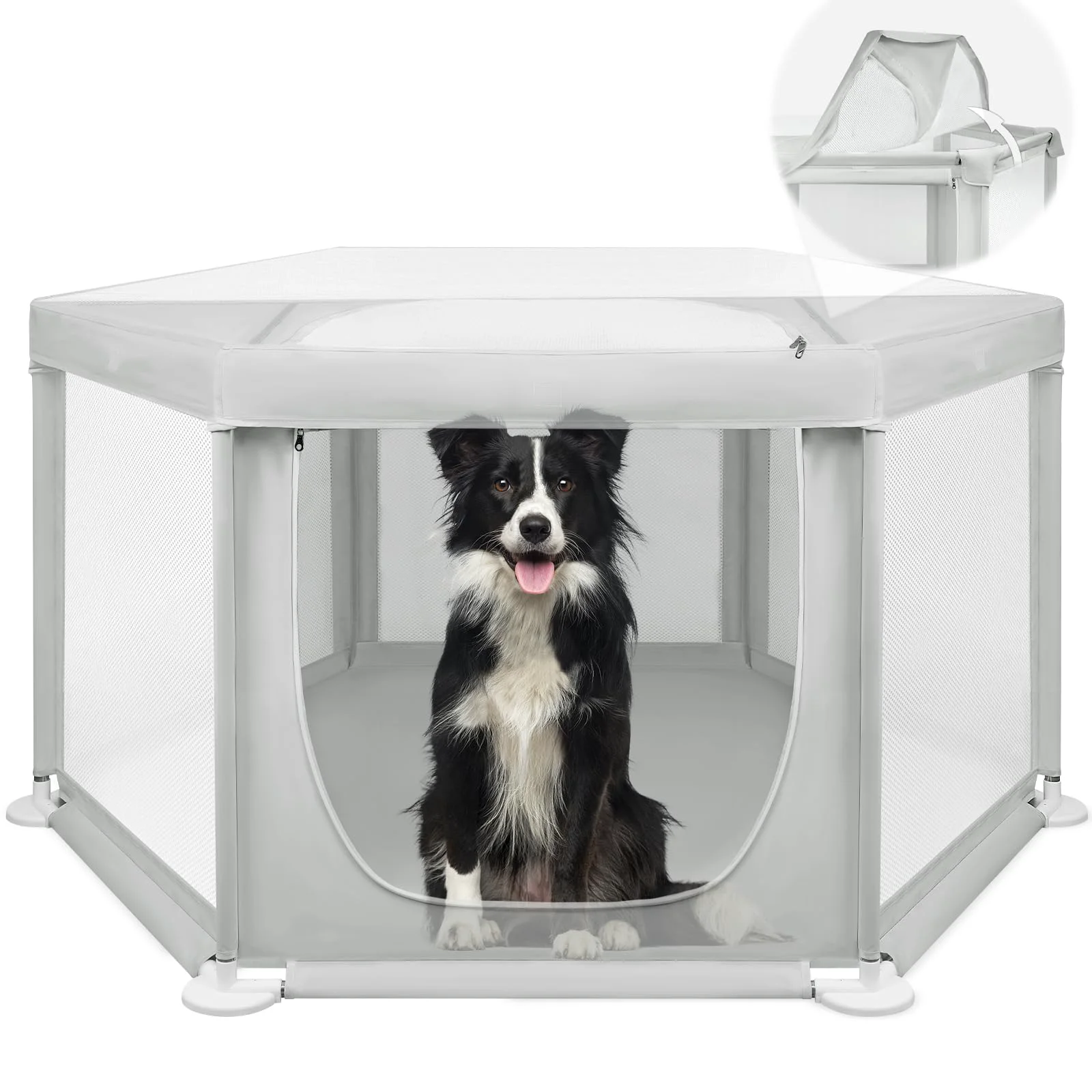 Reusable Paw Libero Large Dog Playpen Indoor – 58.3 x 58.3 x 29.9 in Hexagonal Extra Tall Removable Roof Elite