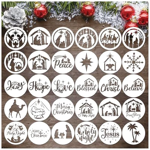 First-Class 30 Pieces Small Christmas Nativity Stencils for Painting on Wood Reusable Palstic Nativity Scene Stencils for DIY Crafts Ornament Wood Cookie 30 Count Fine Crafted