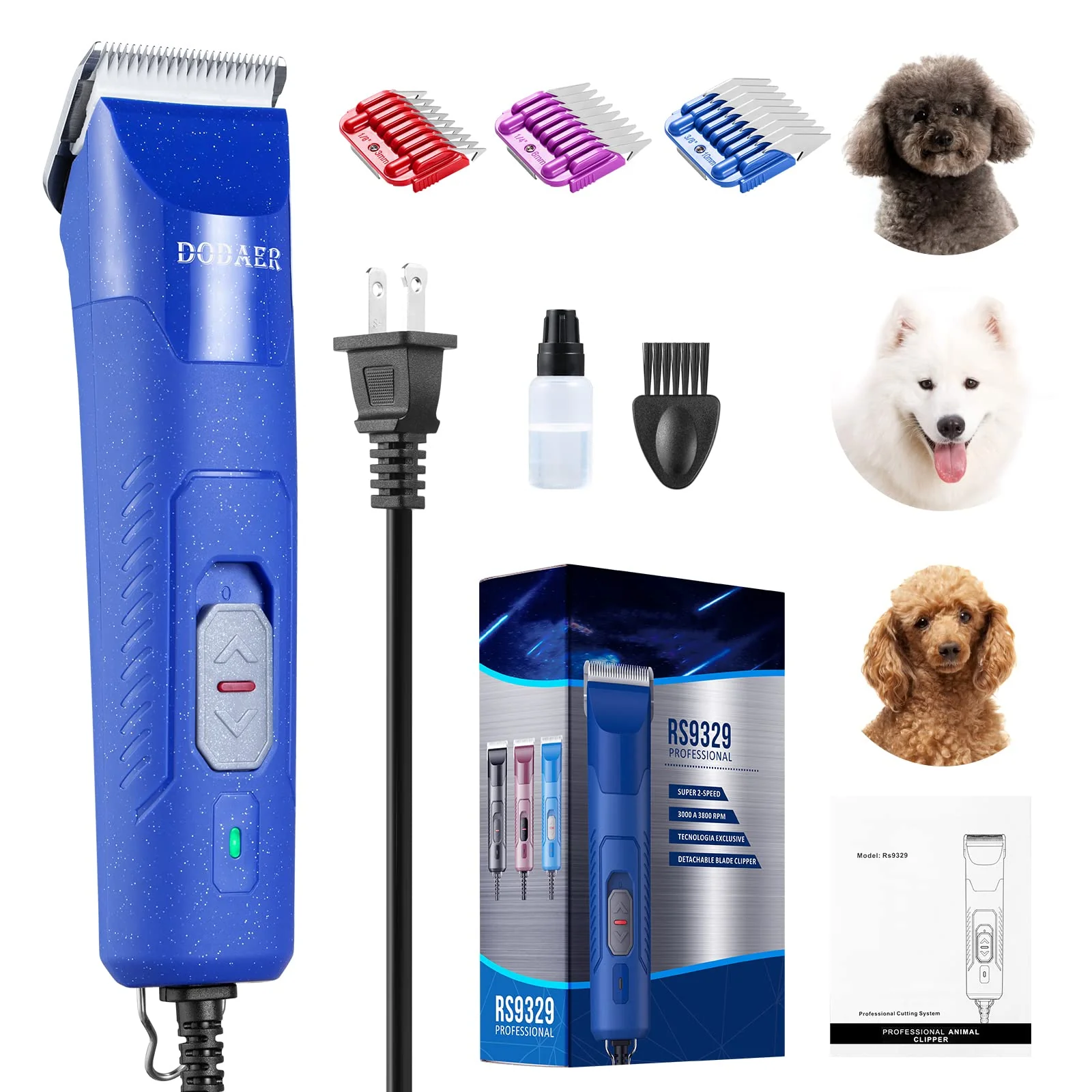 Premium DODAER Professional Dog Grooming Clipper – Low Noise 2-Speed Corded Blue Solid