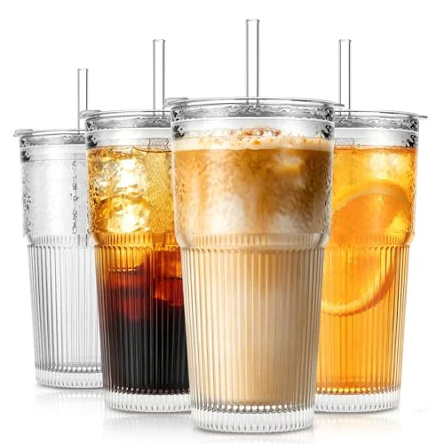 Comfortable 20oz Wave Ribbed Wavy Glass Tumbler with Lid and Straw Trusted