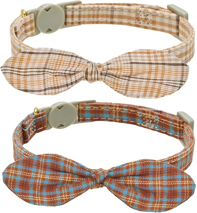 High-Performance Cotton Bowtie Cat Collar with Bell 2 Pack Plaid Breakaway Kitten Collars with Genuine