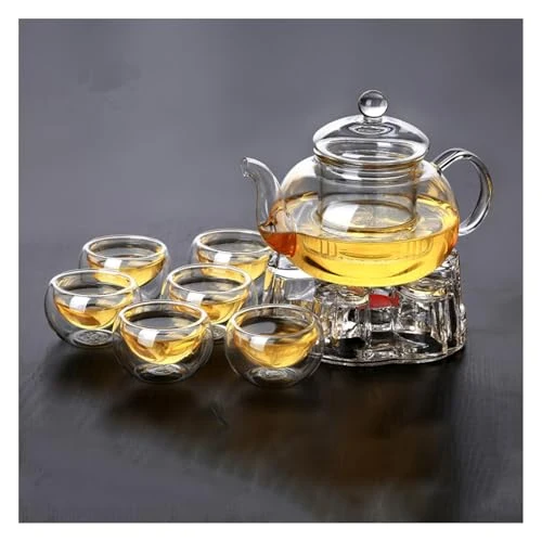 Sophisticated Glass Teapot with Infuser Clear Glass Tea Kettle with 6 Teacups and teapot warmer Minimalist