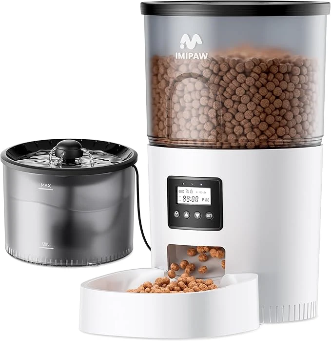Detailed IMIPAW Automatic Cat Feeder and Water Fountain Timed Dry Food Dispenser Programmable Portion Control 1-6 Meals Per Day Desiccant Bag Cat Fountains for Drinking with Filter Small Pets 3L Combo About ThisOverview Durable