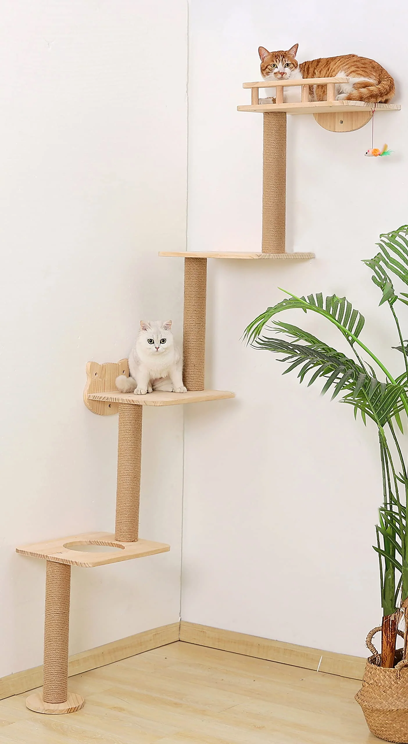 Fine Crafted Caloreduce Cat Tree Wall Mounted – 4 Levels 73-inch Wood Corner Tower for Climbing and Lounging Recyclable