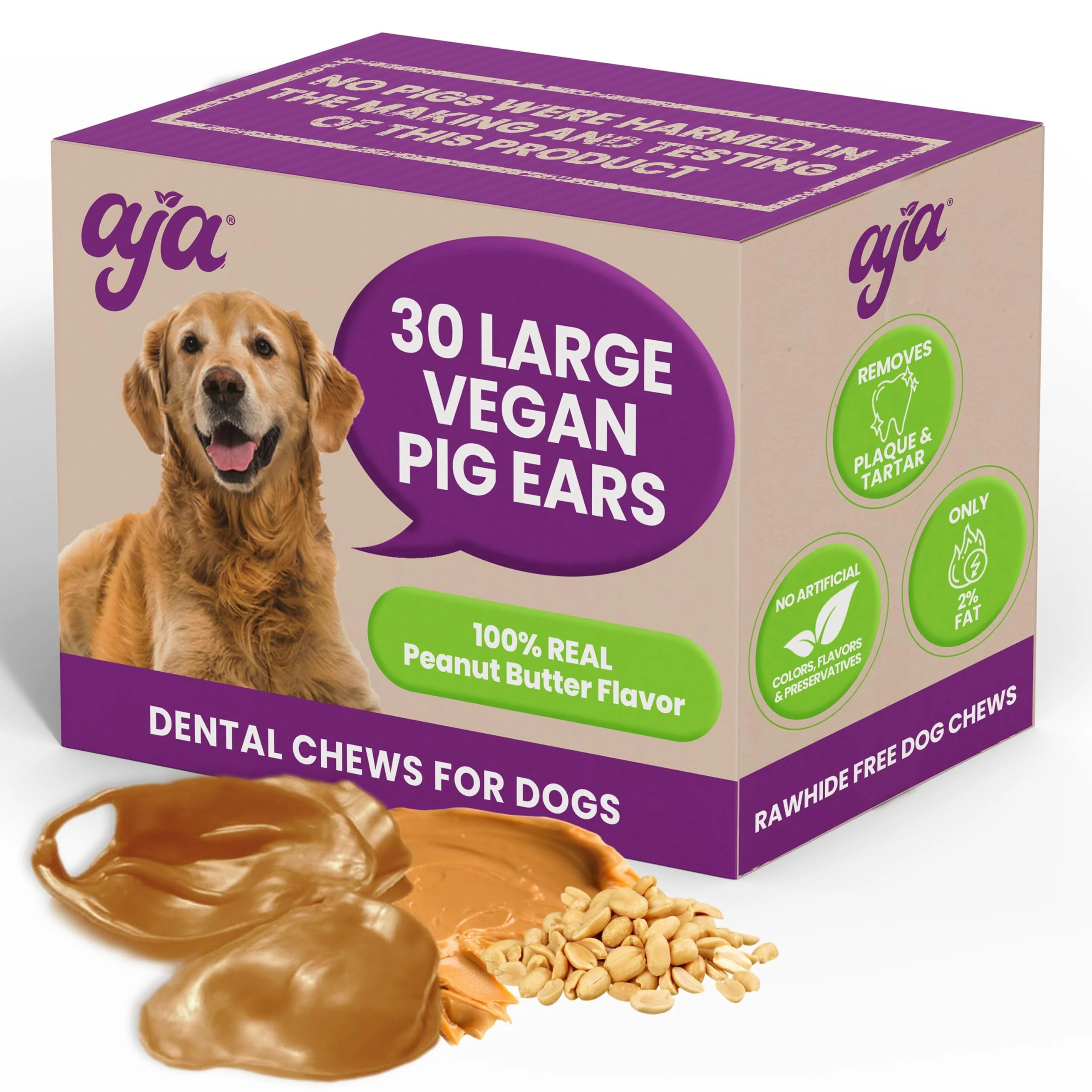 Versatile AJA Dentachews 30 Large Vegan Pig Ears for Dogs – Peanut Butter Dental Chews 6.5 inches Practical