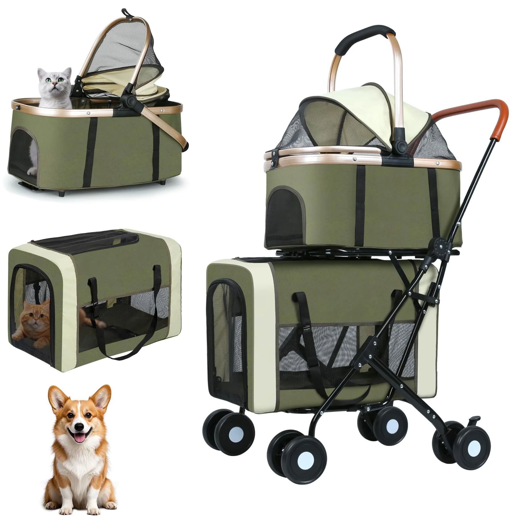Organic ENVTEK Double Pet Stroller for Dogs and Cats – Foldable Travel Carriage Green Functional