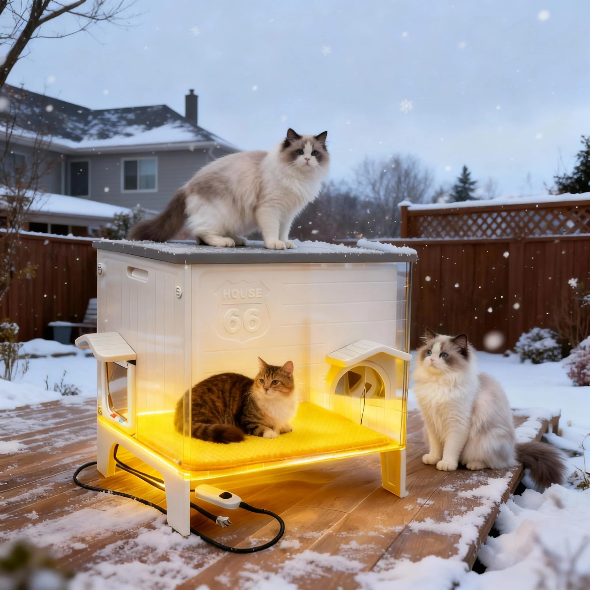 Specialty HiCaptain Weatherproof Outdoor Heated Cat House — Easy Assembly Escape Door Insulated Plastic Shelter Grey Detailed