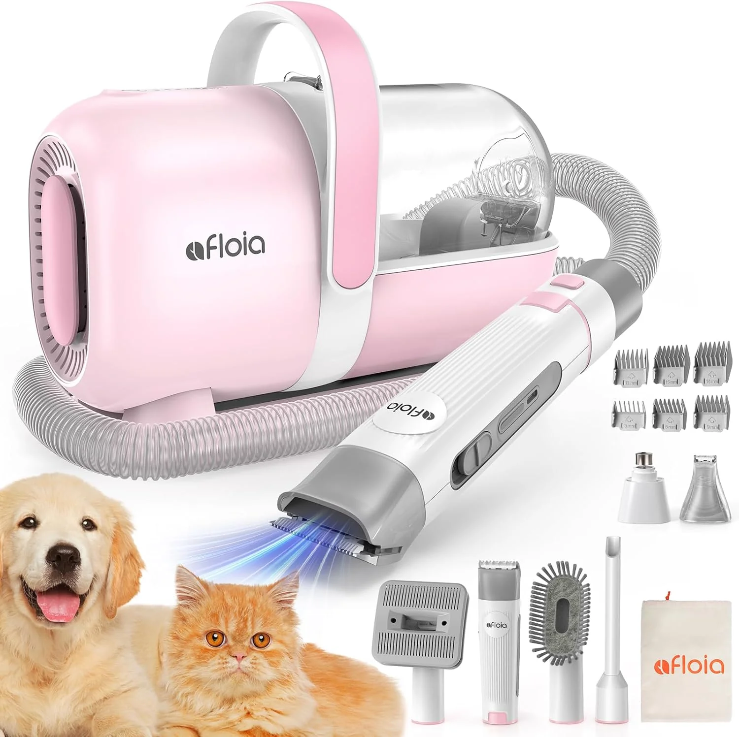 Genuine Afloia 6-in-1 Dog Grooming Kit Pet Grooming Vacuum for Shedding Dog Hair Vacuum with Clipper Nail Trimmer Grinder Pet Brush Groomer at Home Low Noise Cats Hair Remover 1.5L Dust Cup Pink Natural