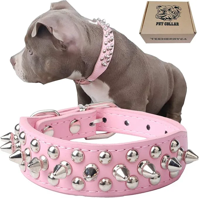 Detailed TEEMERRYCA Adjustable Leather Spiked Studded Dog Collars Traditional