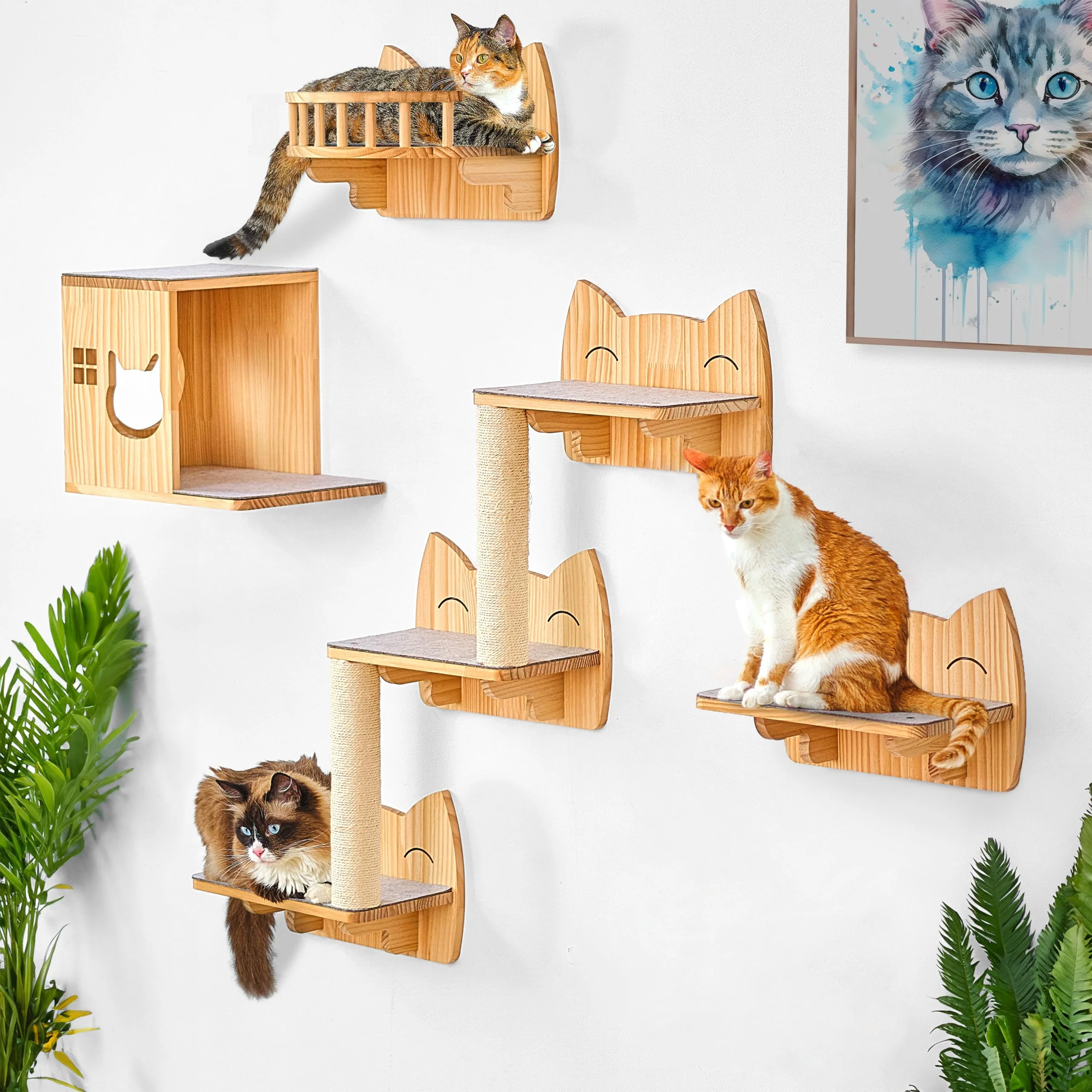 First-Class IDAE Cat Wall Shelves – 9-Piece Natural Wood Wall-Mounted Cat Furniture for Large Indoor Cats Next-Generation