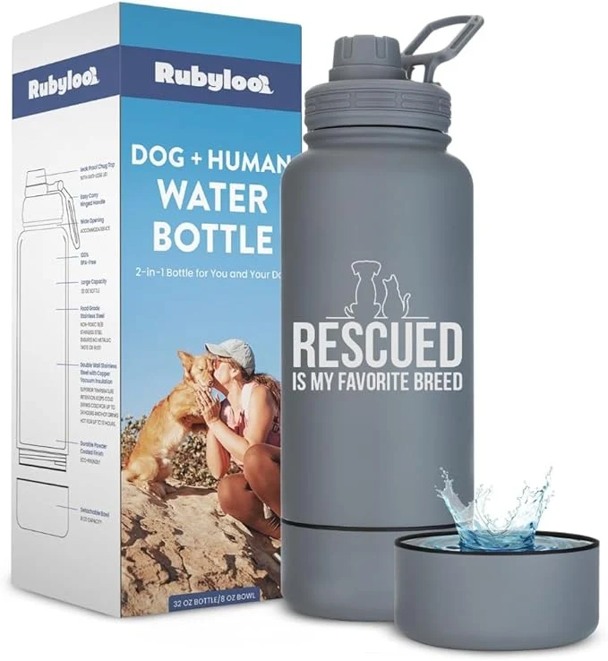 Luxury Rescue Dog Lover Water Bottle – 32 oz Stainless Steel Double Wall Insulated with 8 oz Detachable Bowl – Animal Rescue Gifts for Dog or Cat Lovers – Rescued is My Favorite Breed – Smoky GreyAbout ThisOverview Professional