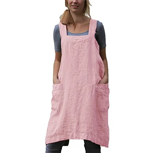 Convenient Cotton Linen Apron Cross Back Apron for Women with Pockets Pinafore Dress for Baking Cooking Fine