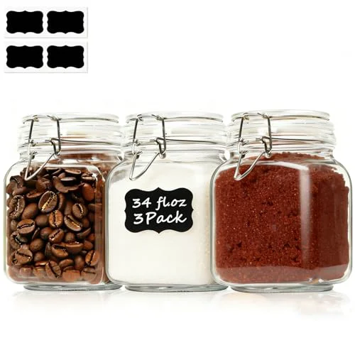 Minimalist Glass Storage Jars 34 oz 3 Pack for Flour Sugar 3 Count User-Friendly