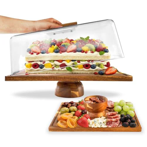 Recyclable Acacia-Wood-Rectangular-Cake-Stand With Acrylic Lid 2-in-1 Cake Plates Charcuterie Board With Cover Cake Holder With Dome Dessert Table Display Stand Comfortable