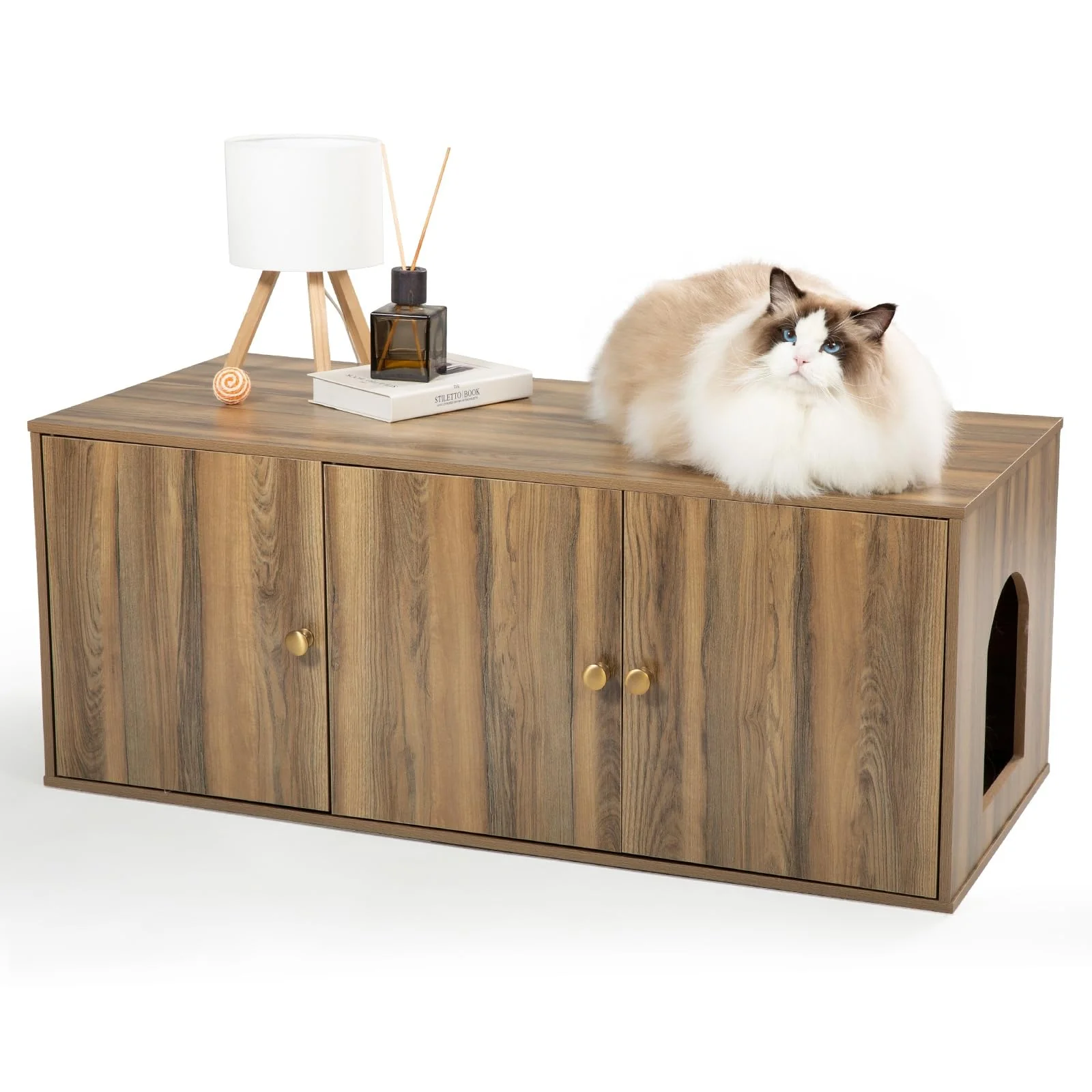 Comfortable Furriends Cat Litter Box Enclosure with Storage — Hidden Litter Cabinet TV Stand 42.5L x 18.5W x 16.9H Pine Midcentury Modern Versatile