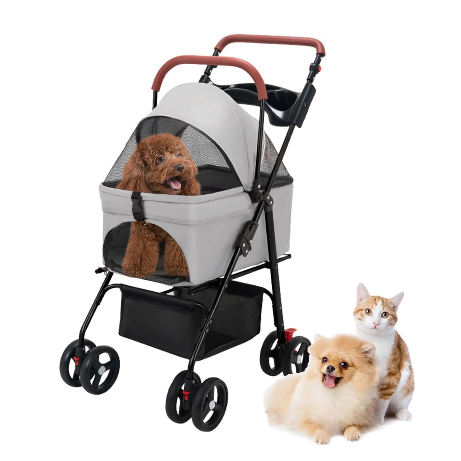 Official VOCRJY Pet Stroller Pram – Foldable 4-Wheel Dog Carrier 44 lbs Adjustable Handle Grey Exclusive