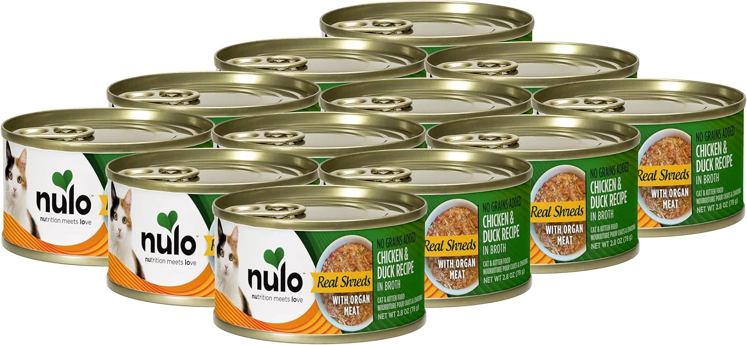 High-Grade Nulo Shreds with Organ Meat Wet Canned Cat Food Chicken Duck 2.8 Ounce 12 Cans Organic