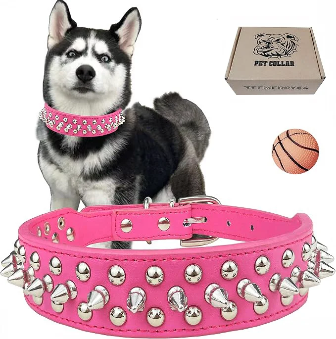 Fashionable TEEMERRYCA Adjustable PU Leather Spiked Studded Dog Collars Premium