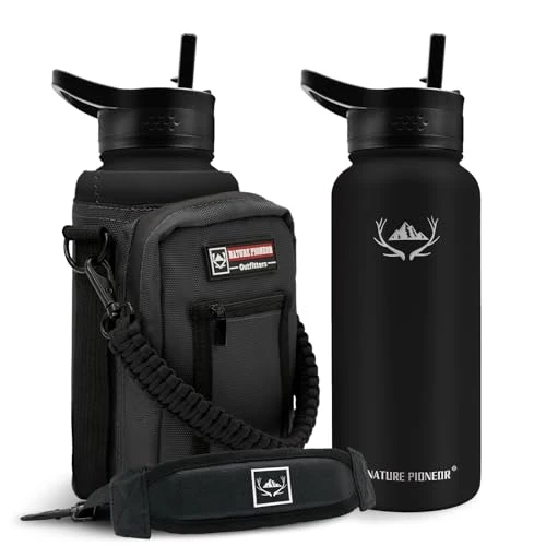 Unique 32 oz Insulated Water Bottle with Carrier Bag 3 Lids Green