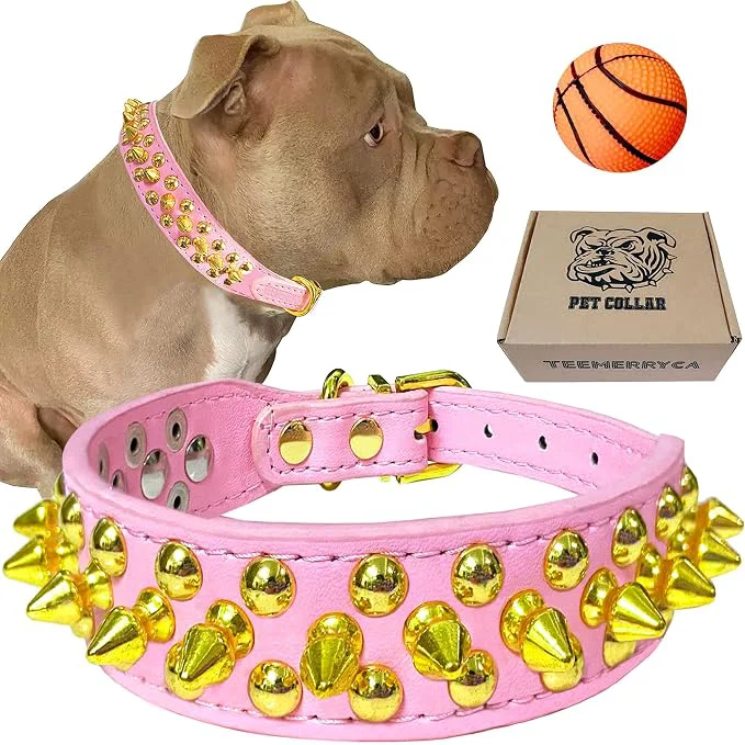 Selected TEEMERRYCA Pink Leather Gold Spiked Studded Dog Collar Effective