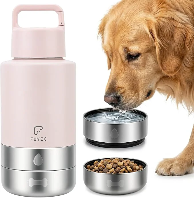 Fashionable Dog Water Bottle 32oz Insulated Stainless Steel Travel Water Dispenser with 2 Detachable Dog Bowls for Food and Water Leak Proof Portable Pet Drinking Cup for Walking Hiking CampingAbout ThisOverview Secure