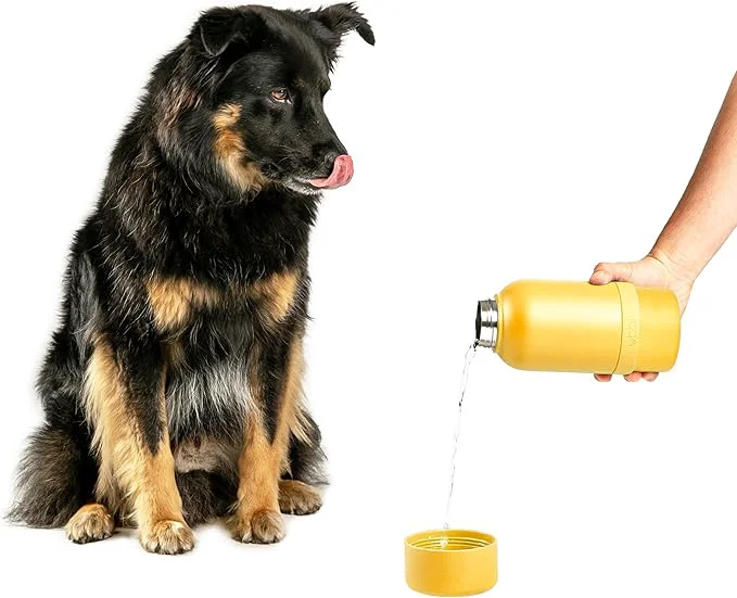 Trendy Ubbi Pup Me Insulated Stainless Steel Dog Water Bottle with Attached Bowl 32 oz Portable Leakproof Travel Bottle for Dogs and Owners YellowAbout ThisOverview Functional