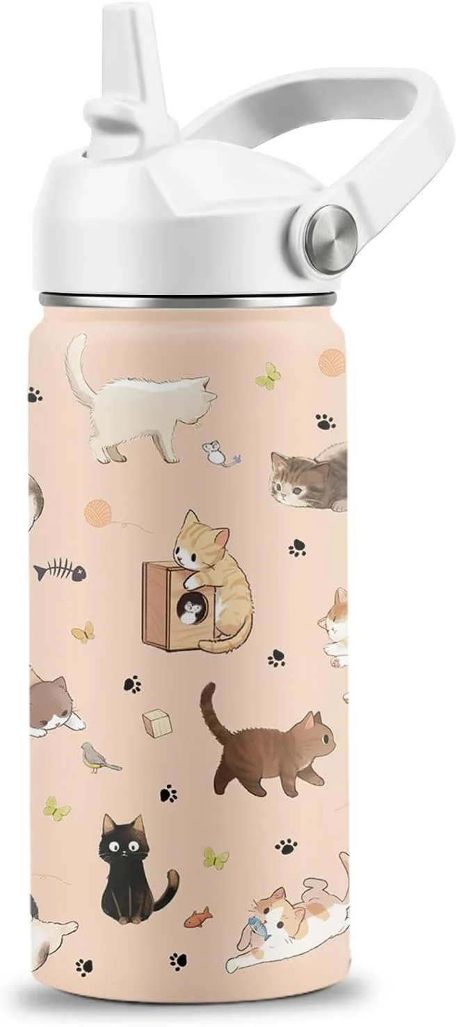 Solid Cat Lover Gifts for Boys Girls 16 oz Stainless Steel Insulated Water Bottle with Straw Lid Cats Water Bottle for Cat Lovers Cute Cat Tumbler for Birthday Christmas 1pcs About ThisOverview Innovative