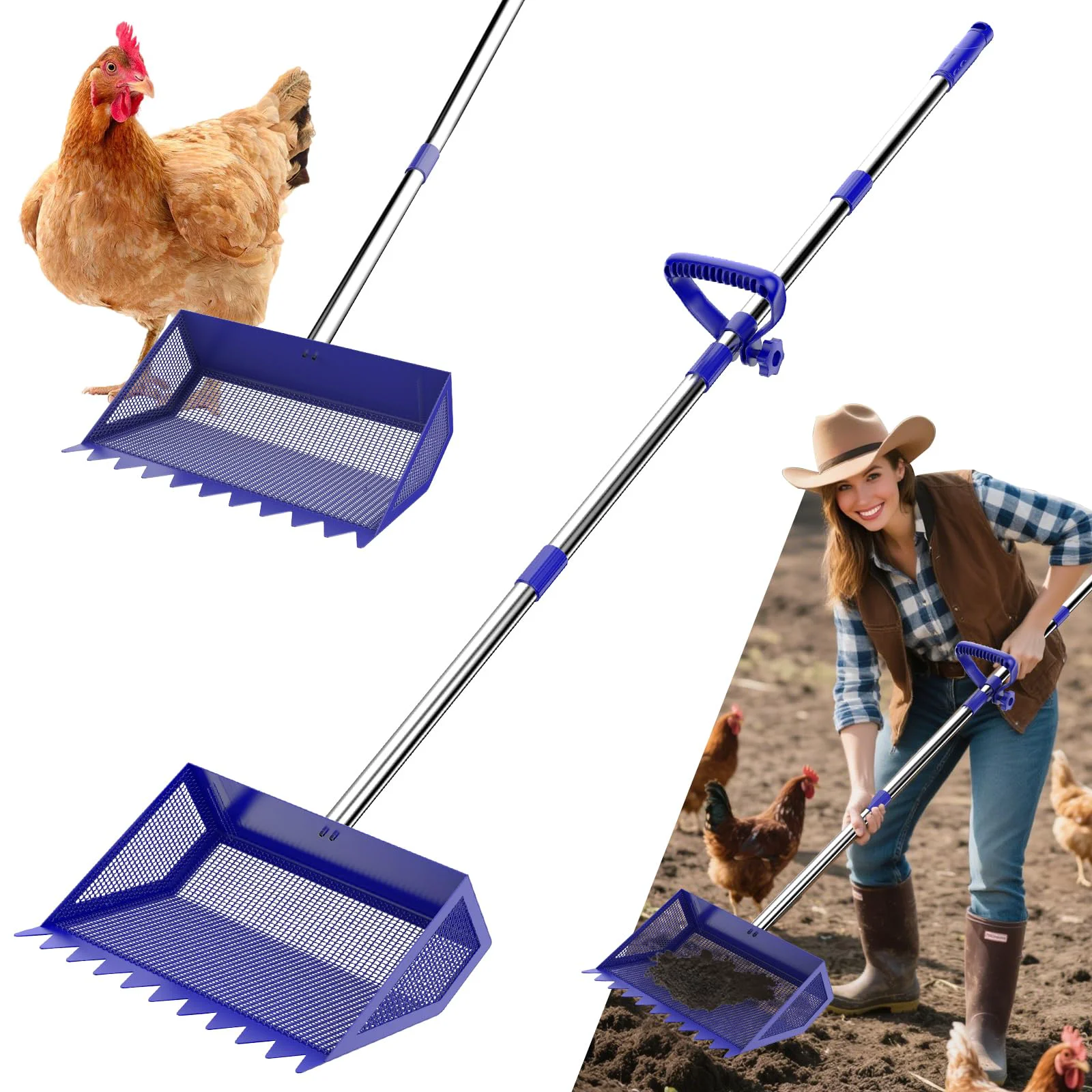 Smooth VEEMI Chicken Poop Scooper Rake 2-in-1 – Extendable 35–65in Handle Blue 10in Head Breathable