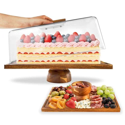 High-Quality Acacia-Wood-Cake-Stand With Acrylic Lid Rectangular Cake Plates Charcuterie Board With Cover 2-in-1 Cake Holder With Dome，Dessert Table Display Stand For Cheese Chips Dips Nachos Fruit Platter Green