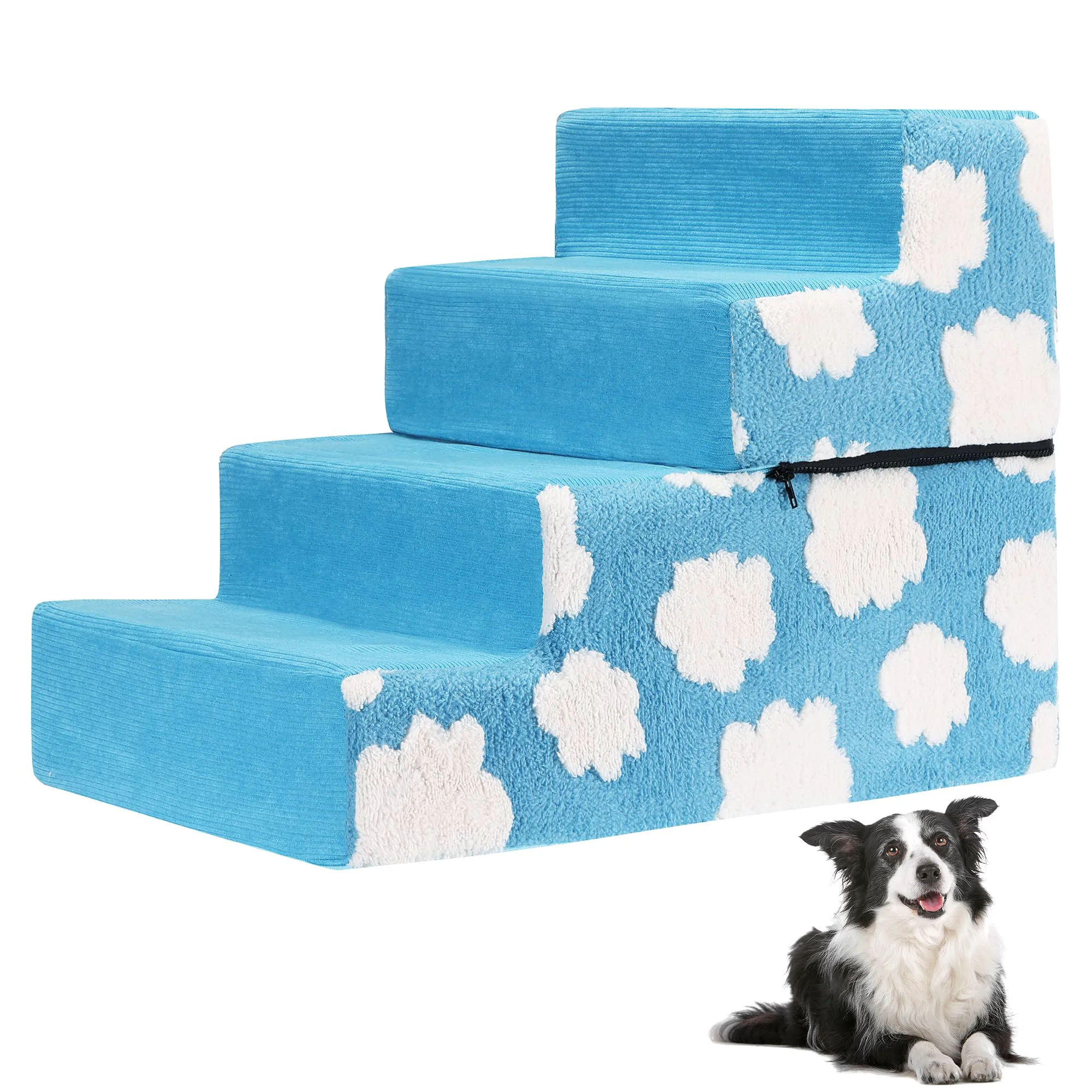 Long-Lasting OYLZ Pet Stairs 4 Steps Blue – High-Density Foam Removable Washable Cover Non-Slip Base for Sofa Bed Practical