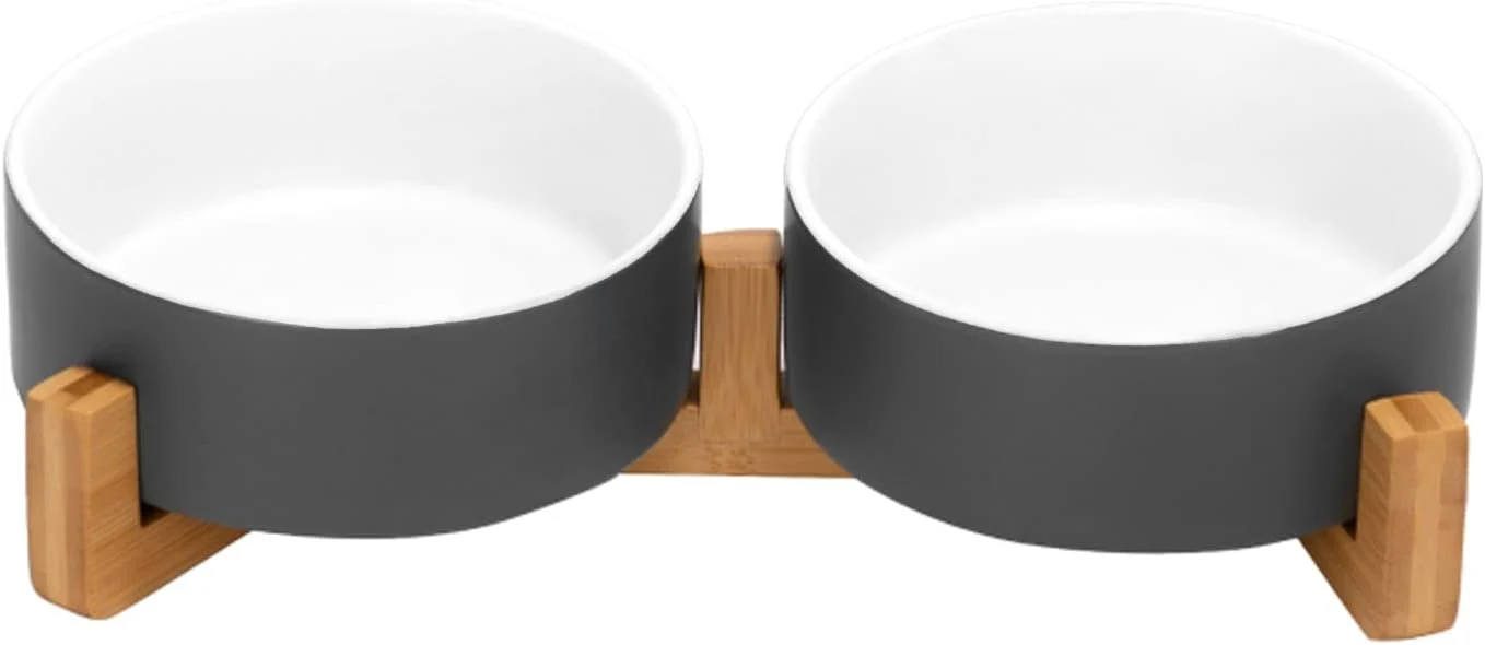 First-Class SPUNKYJUNKY Ceramic Dog and Cat Bowl Set with Wooden Stand Modern Cute Weighted Food Water Set for Small Size Dogs 13.5OZ Medium Sized Dogs 28.7OZ Cats 1.7 Cups 2 × White-Grey Efficient