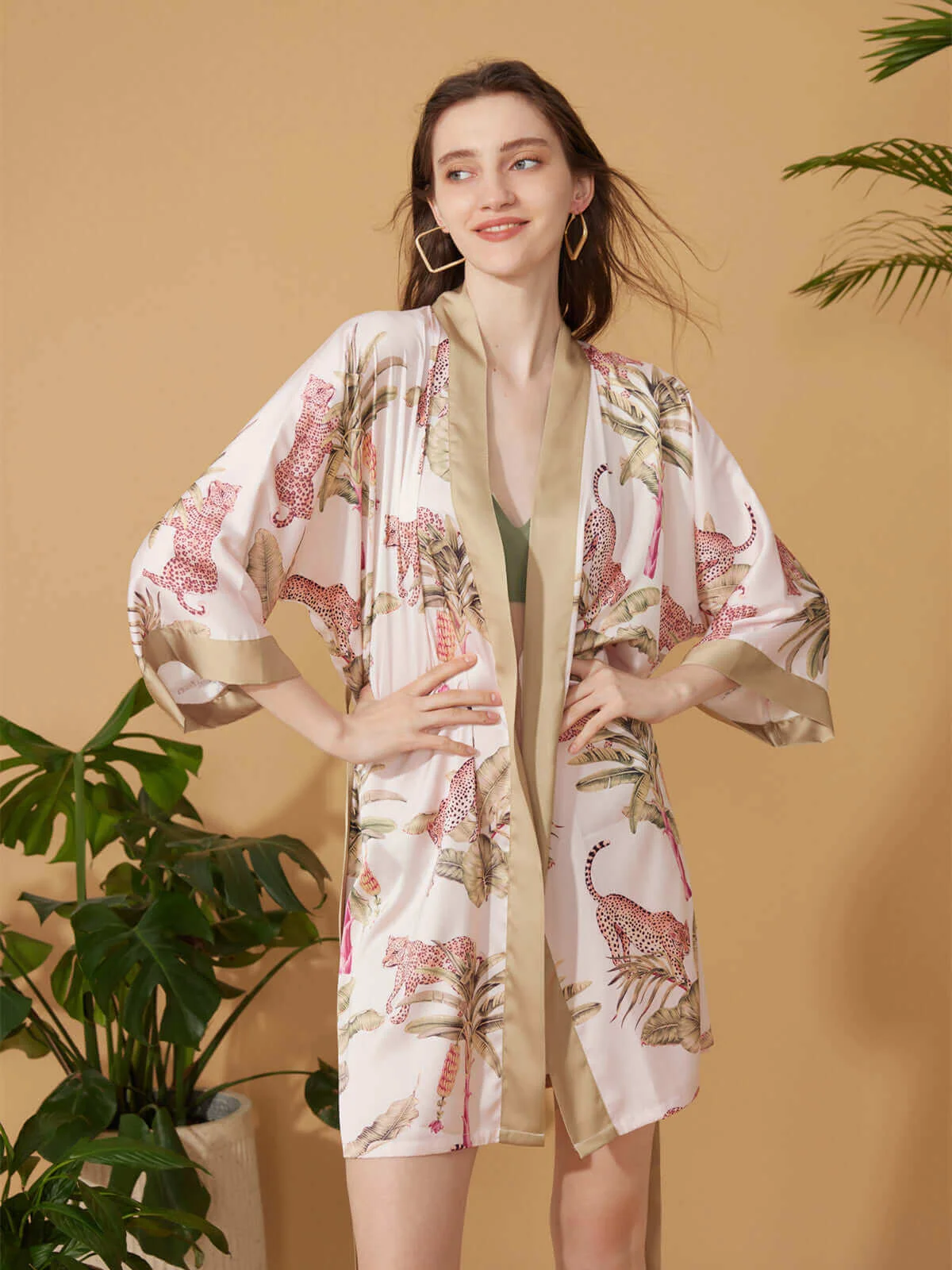 Excellent Short Kimono Robe Olive Leopard Official