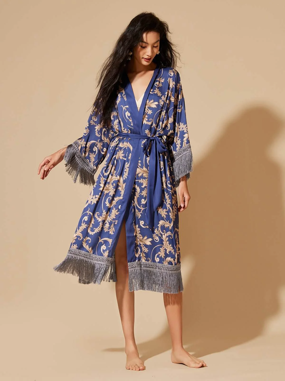 Elegant Tassels Blue Kimono Robe Breathable