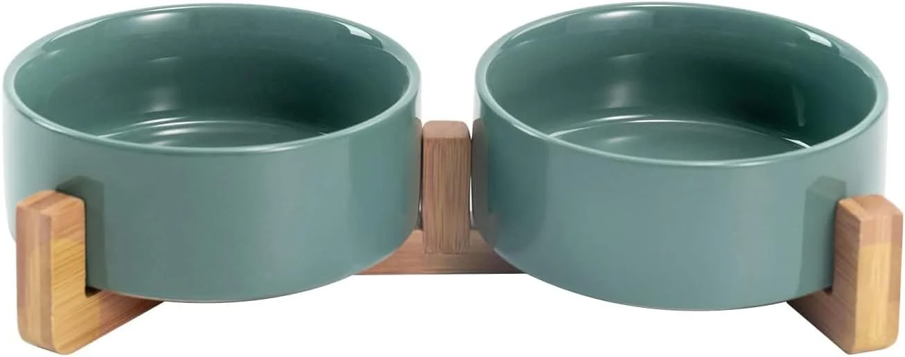 Natural SPUNKYJUNKY Ceramic Dog and Cat Bowl Set with Wooden Stand Modern Cute Weighted Food Water Set for Small Size Dogs 13.5OZ Medium Sized Dogs 28.7OZ Cats 1.7 Cups 2 × Morandi Green Reusable