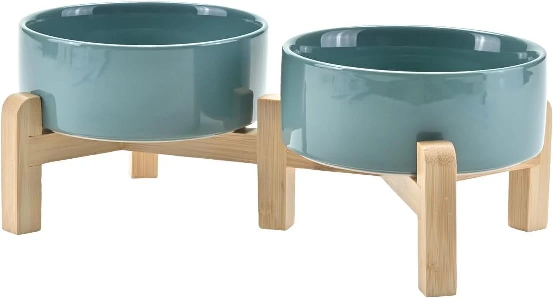 Soft SPUNKYJUNKY d Dog Bowls Ceramic 5.1” Dogs and Cat Food Water Bowls Raised with Non-Slip Bamboo Stand for Puppy Small Sized Breed Microwave Dishwasher Safe – 13.5 OZ Dark Green Premium Material