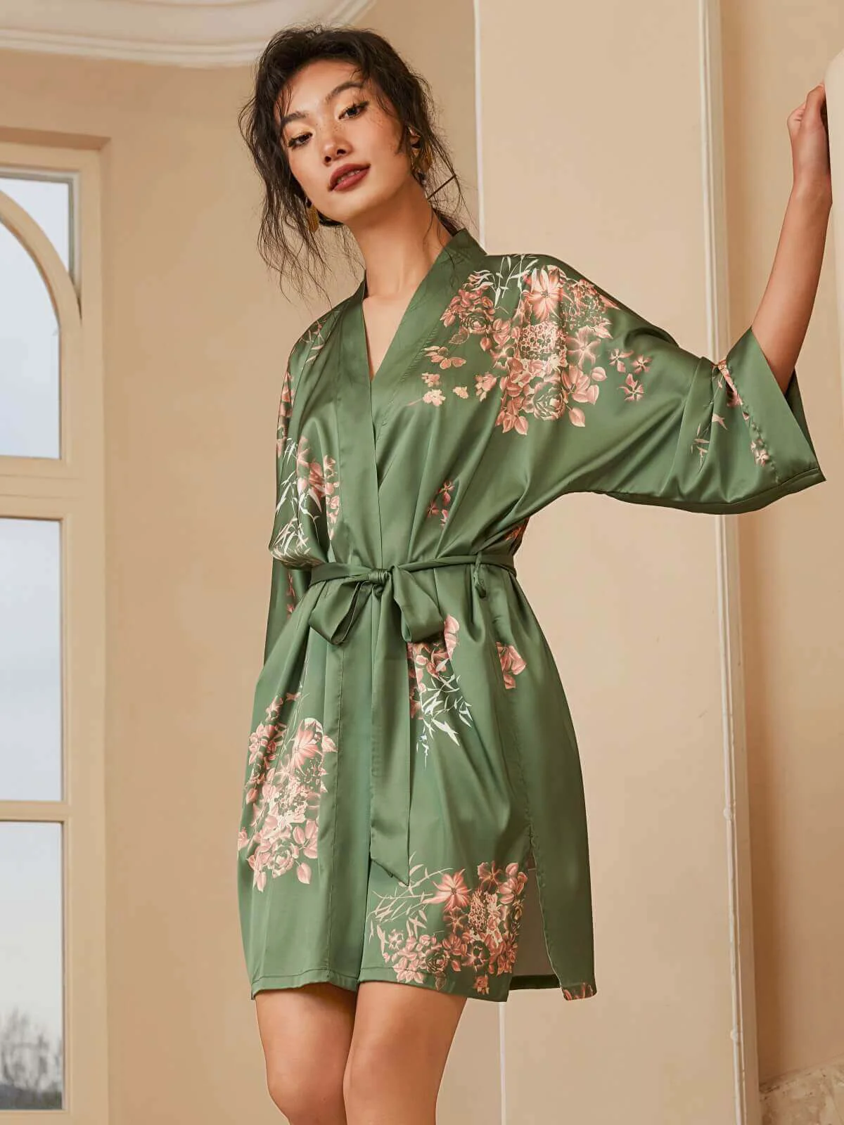 Pure Short Kimono Robe Olive Selected