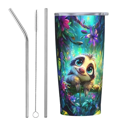 Powerful Sloth Tumbler with Lid and Straw 20oz Coffee Tumblers Leakproof Stainless Steel Travel Mug Vacuum Insulated Cup for Iced and Hot 20 Count Refined