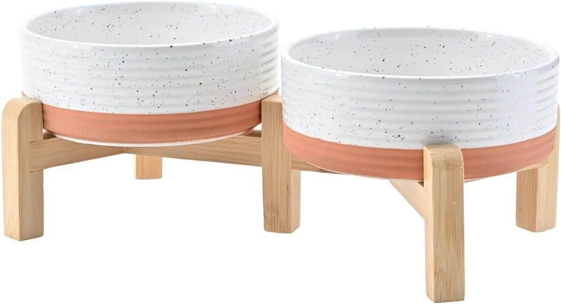 Superior SPUNKYJUNKY d Dog Bowls Ceramic 5.1” Dogs and Cat Food Water Bowls Raised with Non-Slip Bamboo Stand for Puppy Small Sized Breed Microwave Dishwasher Safe – 13.5 OZ Pattern White Lightweight