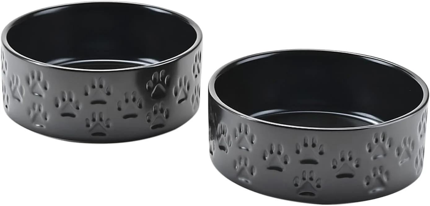 Modern SPUNKYJUNKY Ceramic Dog Bowls 2 Pack 7.3” Dog Food Water Double Feeding Bowls Non-Slip for Medium to Large Sized Breed Microwave Dishwasher Safe – 42 OZ 2pcs Paw Black Quality