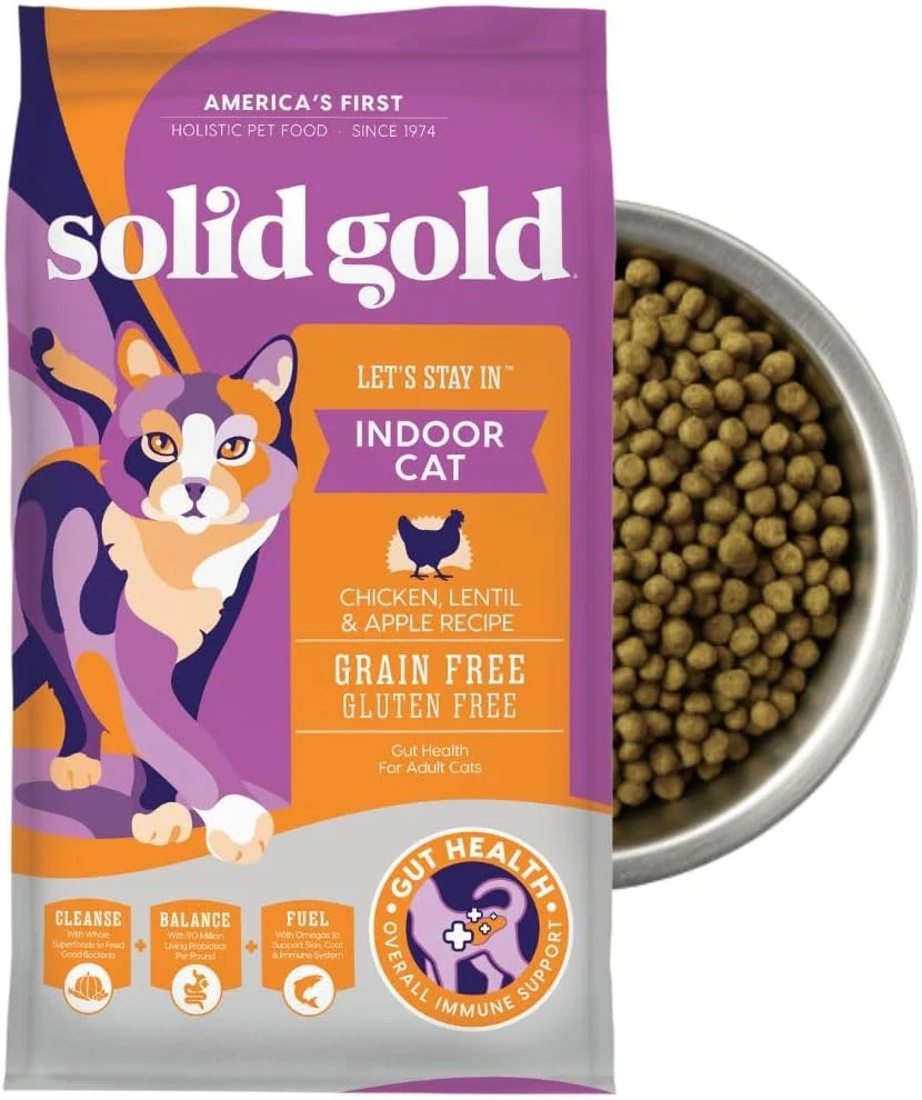Fine Crafted Solid Gold Indoor Dry Cat Food – Grain Gluten – Chicken Cat Food Dry Kibble for Indoor Cats w Probiotics Fiber for Gut Health – Sensitive Stomach Hairball Support for Adult Cats – 3LB Refined