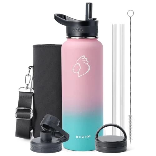 Organic 40oz Insulated Stainless Steel Water Bottle with Straw 3 Lids First-Class