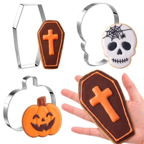 High-Quality 3 Pcs 7.5 Inch Large Halloween Cookie Cutters Set Extra Large Pumpkin Coffin Skull Shapes Stainless Steel Metal Giant Cookie Cutters Molds for Halloween Day Baking Party Kitchen Accessories 3 Count Breathable