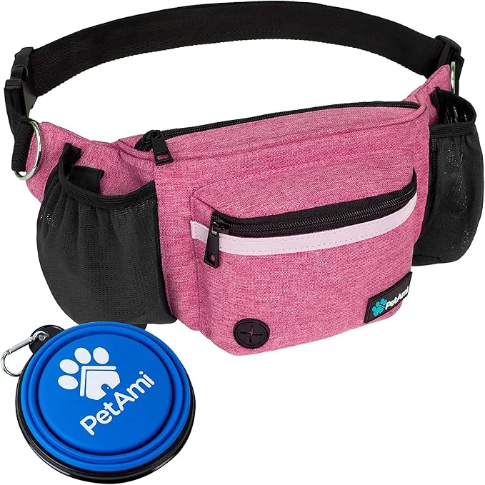 Casual PetAmi Dog Fanny Pack Treat Pouch for Dog Walking Training Built in Poop Bag Dispenser Water Bottle Holder Collapsible Bowl Pet Treat Waist Belt for Hiking Running Kibbles Pink About This Expertly Made