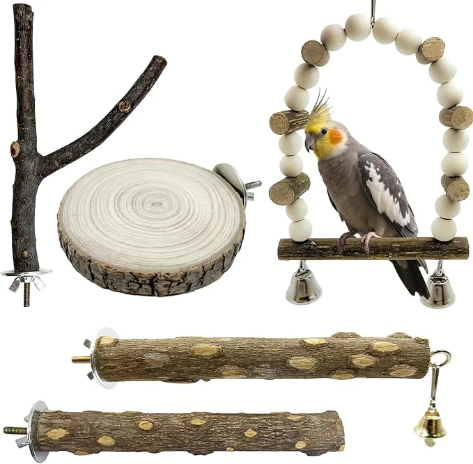 Durable 5Pcs Natural Wooden Bird Perch Set – Parrot Perch Toys Wooden Perch Swing Fine Crafted