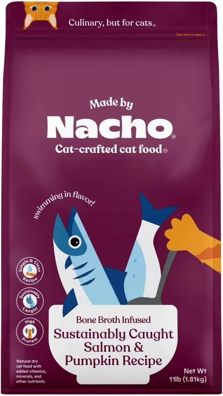 Made by Nacho Dry Cat Kibble 11lb Bag High Protein and Grain-Friendly Premium Cat Food Sustainably Caught Salmon and Pumpkin Infused with Bone Broth for Hydration Limited Ingredients Single Bag Efficient